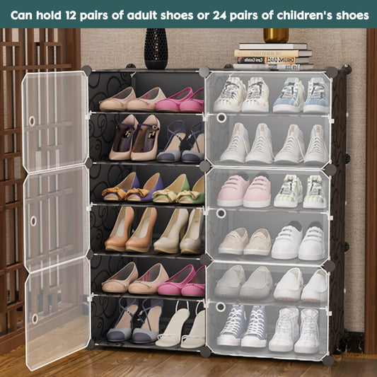 Shoe Rack Storage Cabinet with Doors - Portable Shoes Organizer, Expandable Standing Rack, Storage for Boots, Slippers, Shoes - Black - For Closet, Hallway, Bedroom, Entryway - Ideal for Home Organization