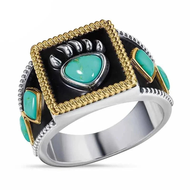 Men's Vintage 925 Silver Viking Warrior Turquoise Bear Claw Ring