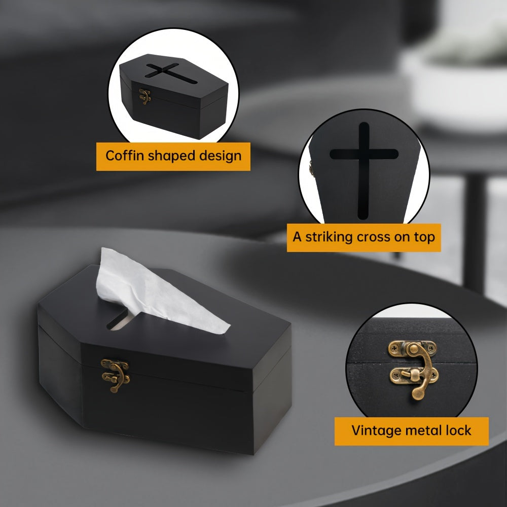 Coffin Tissue Box Holder, Coffin Tissue Box Cover, Black Wooden Coffin Shape Tissue Holder With Cross Design, Unique Gothic Tissue Dispenser Fit Most Square And Rectangle Tissue