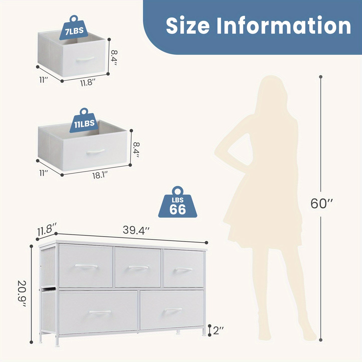 5 Storage Drawers, Wide Fabric Closet Chests Organizer Tower Furniture with Wooden Top Metal Frame for Clothes, Living Room