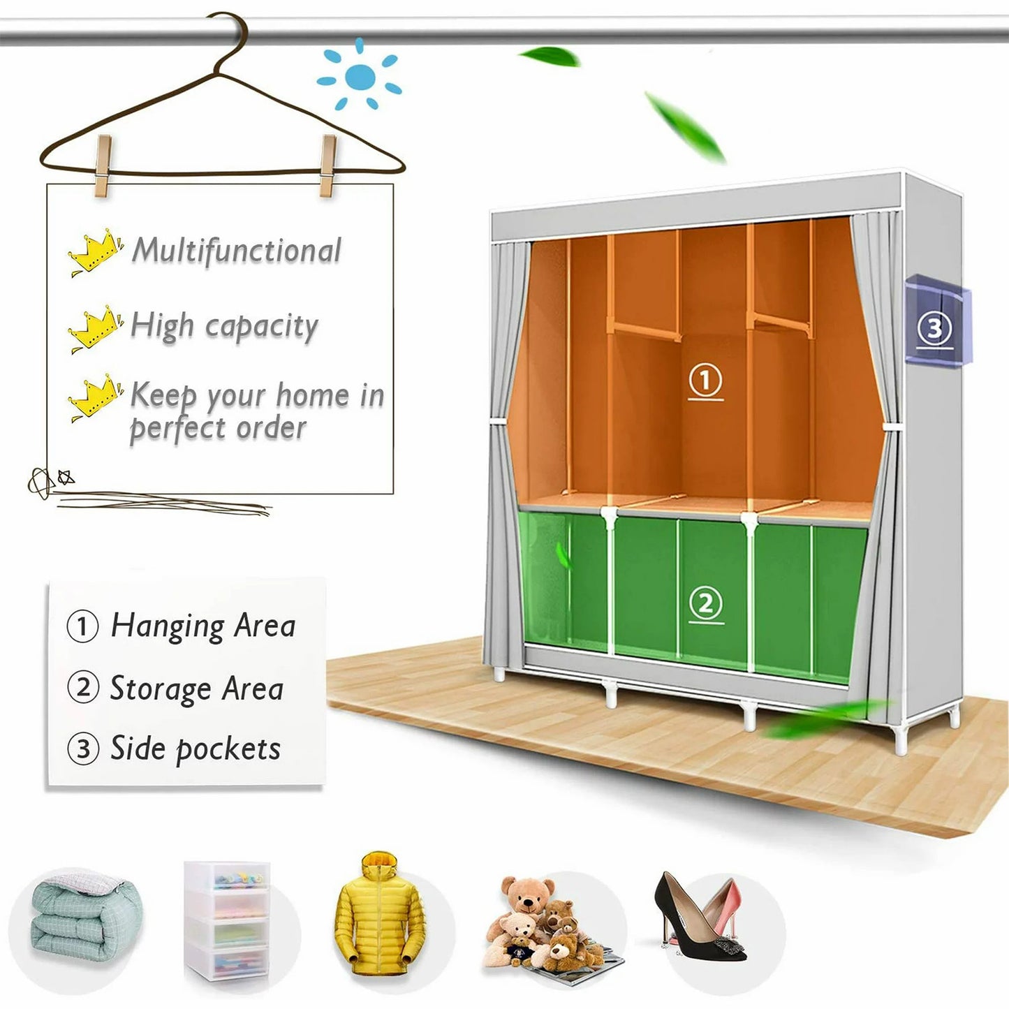 Portable Closet Storage Organizer Clothes Wardrobe Shoe Clothing Rack Shelf Dustproof Non-woven Fabric