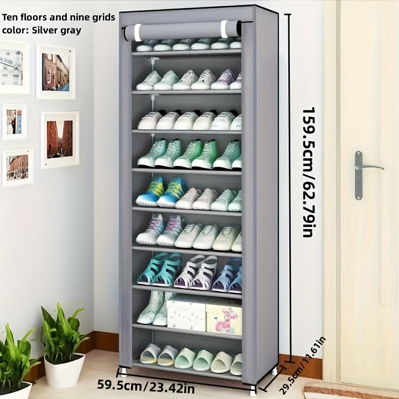 1pc 10 Layers 9 Grid, Combination Shoe Rack, Simple Cloth Shoe Cabinet, Multi-Layer Storage Organizer, Large Capacity Dustproof Shoe Rack, Easy To Assemble, Floor Standing Shoe Cabinet For Bedrooms And Dormitories