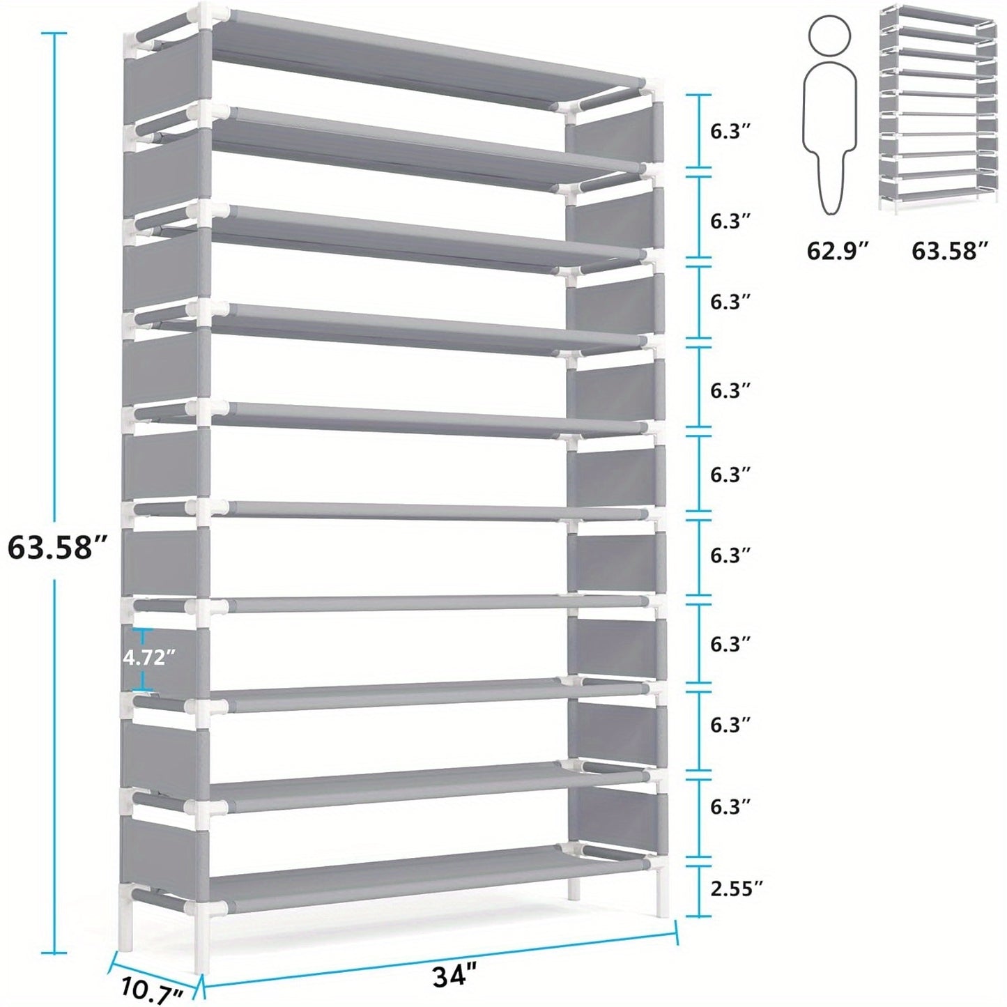 Large Capacity Shoe Shelf, Upgraded 10 Tiers Shoe Rack, Tall Shoe Organizer for 50 Pairs, Space Saving Shoe Storage Rack