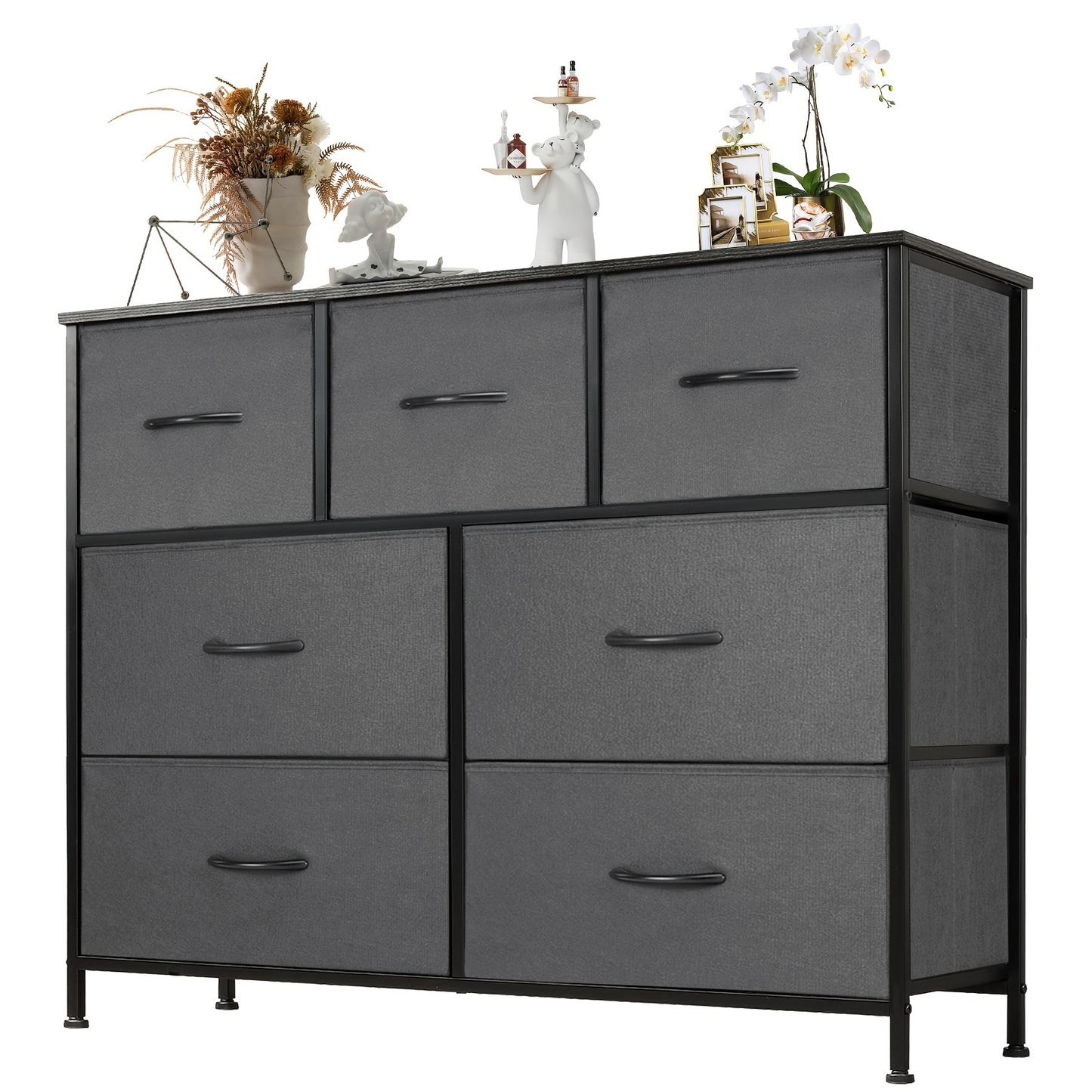 Dresser For Bedroom, Steel Frame And Wooden Top Closet With 7 Chest Clothes Storage Set, Living Furniture Organizer, 30 Inch Height Shelf In Kids Room, Hallway, 7 Drawer Dresser