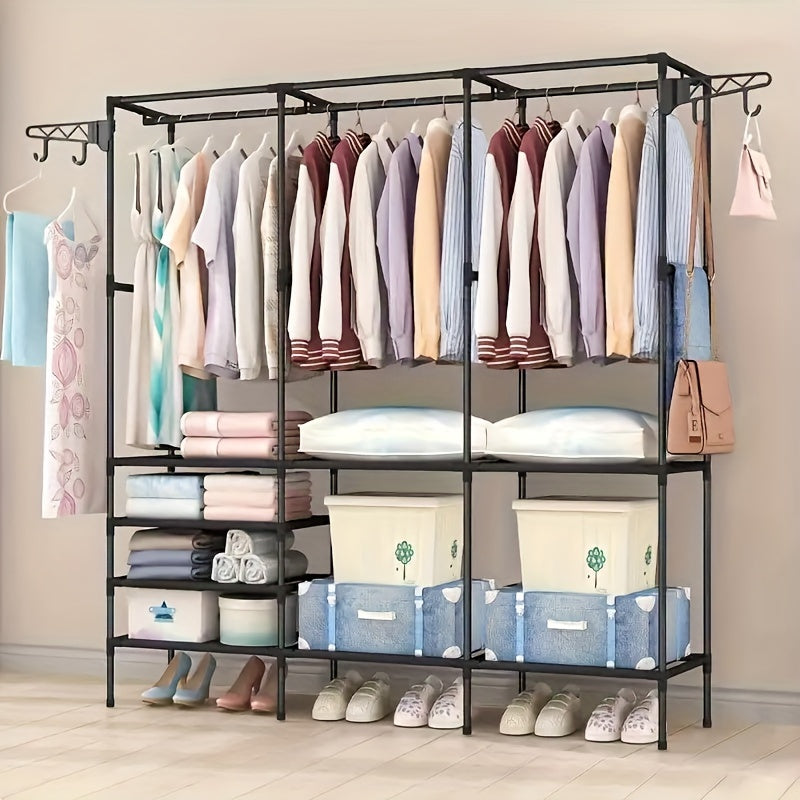 Metal Portable Closet Organizer with 8 Shelves and Hanging Rod, Durable Wardrobe Storage Rack for Clothes and Accessories, Free Standing Clothing Rack without Golden Pipes, Portable Closets