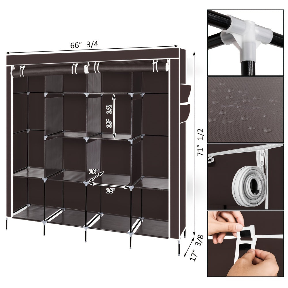 Portable Wardrobe Clothes Storage Rack 12 Grids 4 Side Pockets