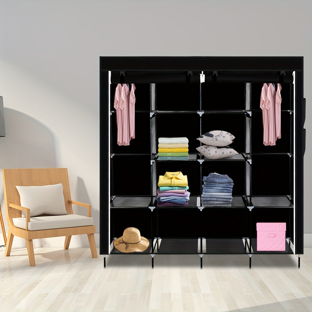 Portable Wardrobe Clothes Storage Rack 12 Grids 4 Side Pockets