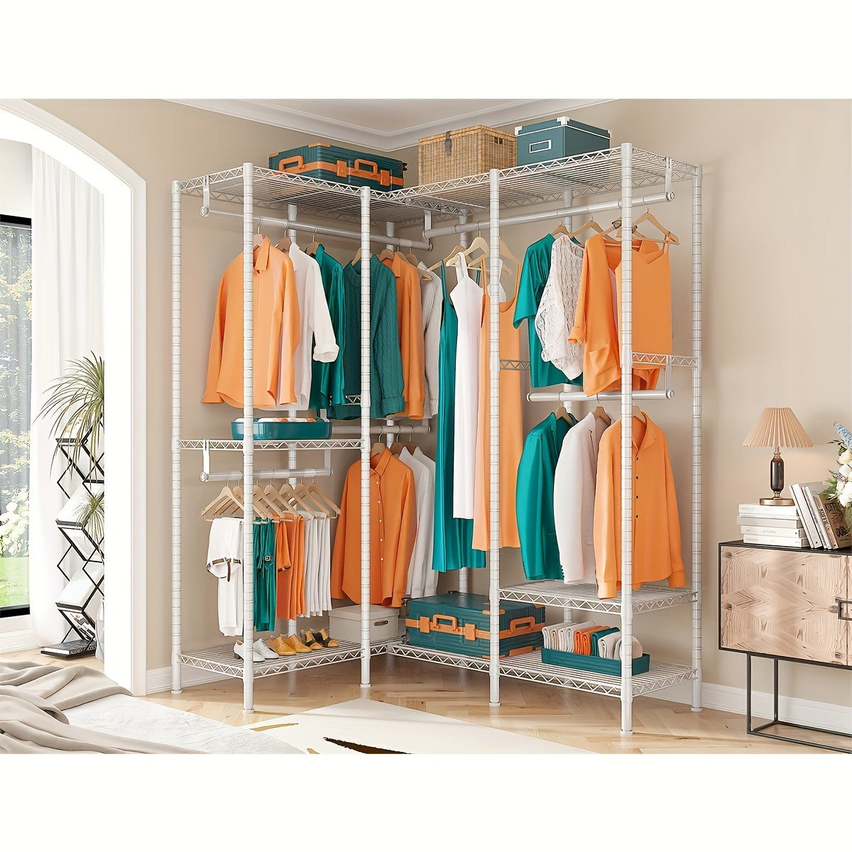 White Closet - Contemporary Metal Four-Column Freestanding Wardrobe Organizer - White, Modern, Space-Saving - For Small Closets, Dorm Rooms - Optimize Capacity, Enhance Organization - Style! Space! Solved!