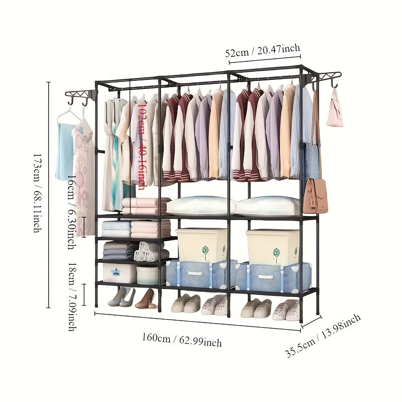 Metal Portable Closet Organizer with 8 Shelves and Hanging Rod, Durable Wardrobe Storage Rack for Clothes and Accessories, Free Standing Clothing Rack without Golden Pipes, Portable Closets