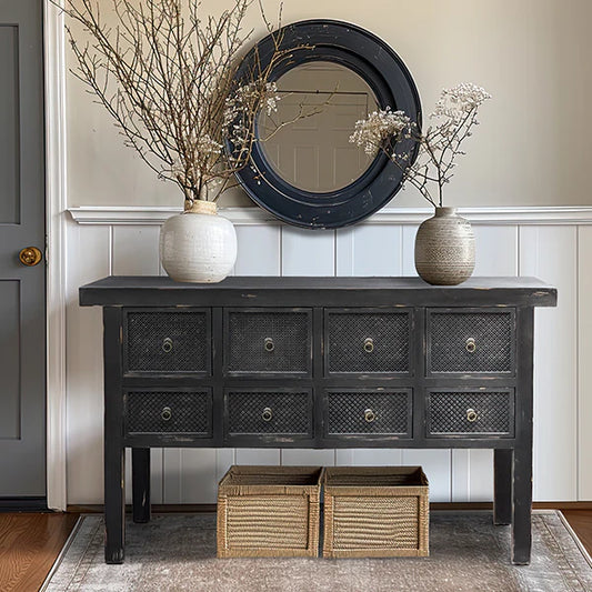 Hand Carved Black Reclaimed Wooden Console Table