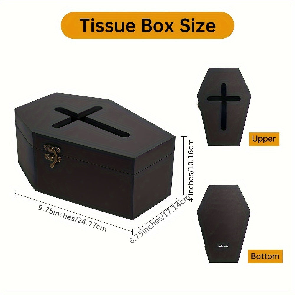 Coffin Tissue Box Holder, Coffin Tissue Box Cover, Black Wooden Coffin Shape Tissue Holder With Cross Design, Unique Gothic Tissue Dispenser Fit Most Square And Rectangle Tissue