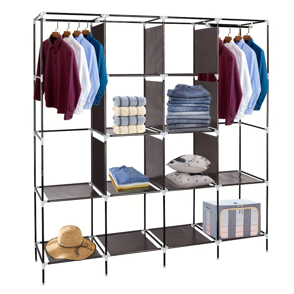 Portable Wardrobe Clothes Storage Rack 12 Grids 4 Side Pockets