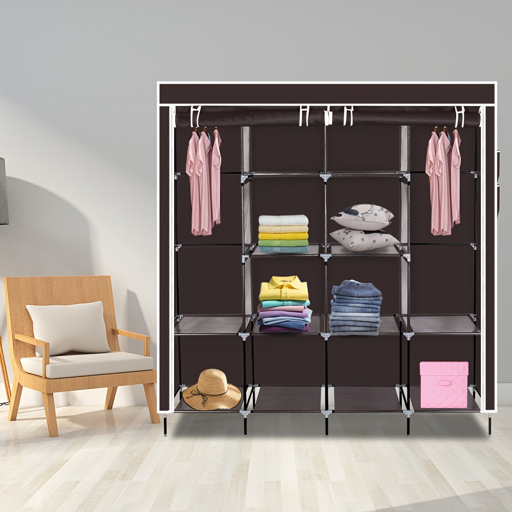 Portable Wardrobe Clothes Storage Rack 12 Grids 4 Side Pockets