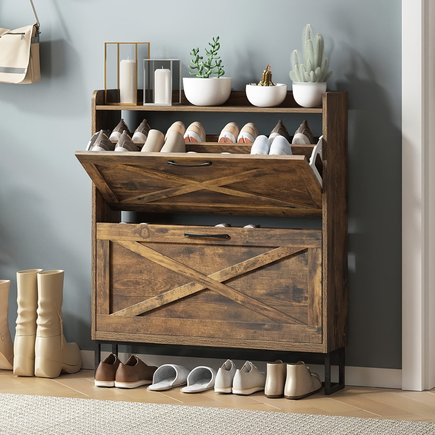 Shoe Cabinet with 2 Flip Drawers, Freestanding Shoe Cabinet Organizer with Metal Legs, easy to open and close, Shoes Storage Cabinet for Entryway, Narrow Shoe Rack Cabinet, Rustic Brown