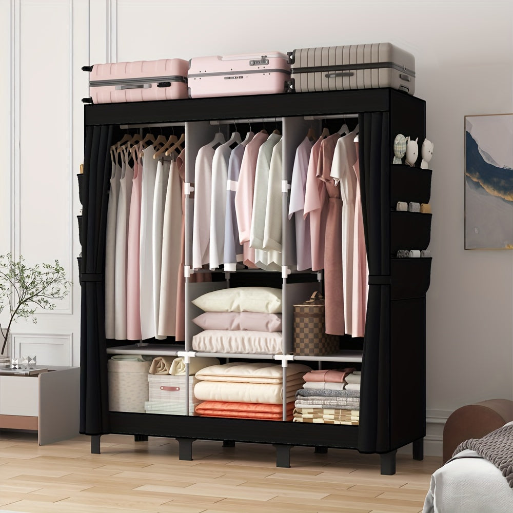 Oumyjia Black Dust-Proof Cloth Wardrobe - Durable Steel Frame, Multi-Layer Storage Organizer For Bedroom, Rental, And Dorm