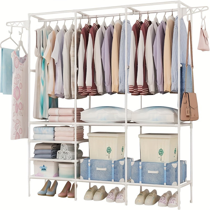 Metal Portable Closet Organizer with 8 Shelves and Hanging Rod, Durable Wardrobe Storage Rack for Clothes and Accessories, Free Standing Clothing Rack without Golden Pipes, Portable Closets