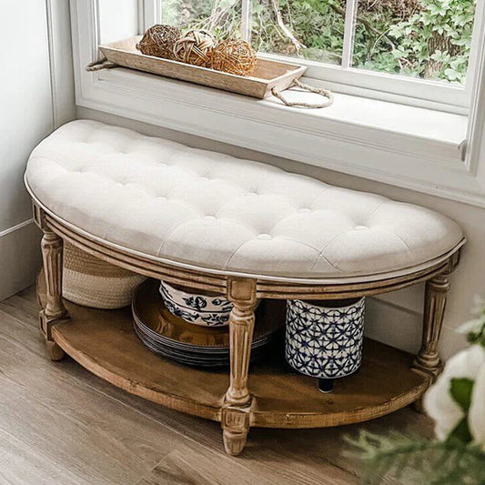 Vintage Hand-Tufted Semi-Circular Bench with Shelf