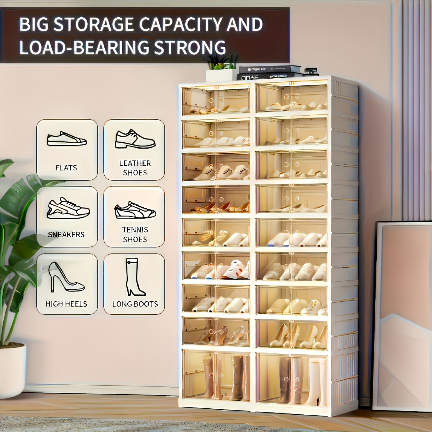 1 Transparent Foldable Large Capacity Storage Shoe Cabinet, No Installation Drawer Style Plastic Dustproof Storage Box, Bedroom, Living Room Items