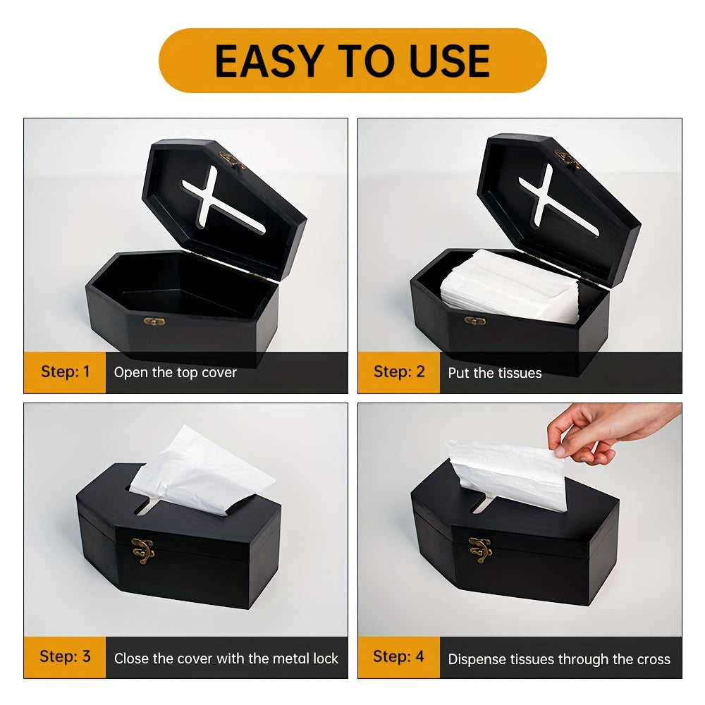 Coffin Tissue Box Holder, Coffin Tissue Box Cover, Black Wooden Coffin Shape Tissue Holder With Cross Design, Unique Gothic Tissue Dispenser Fit Most Square And Rectangle Tissue