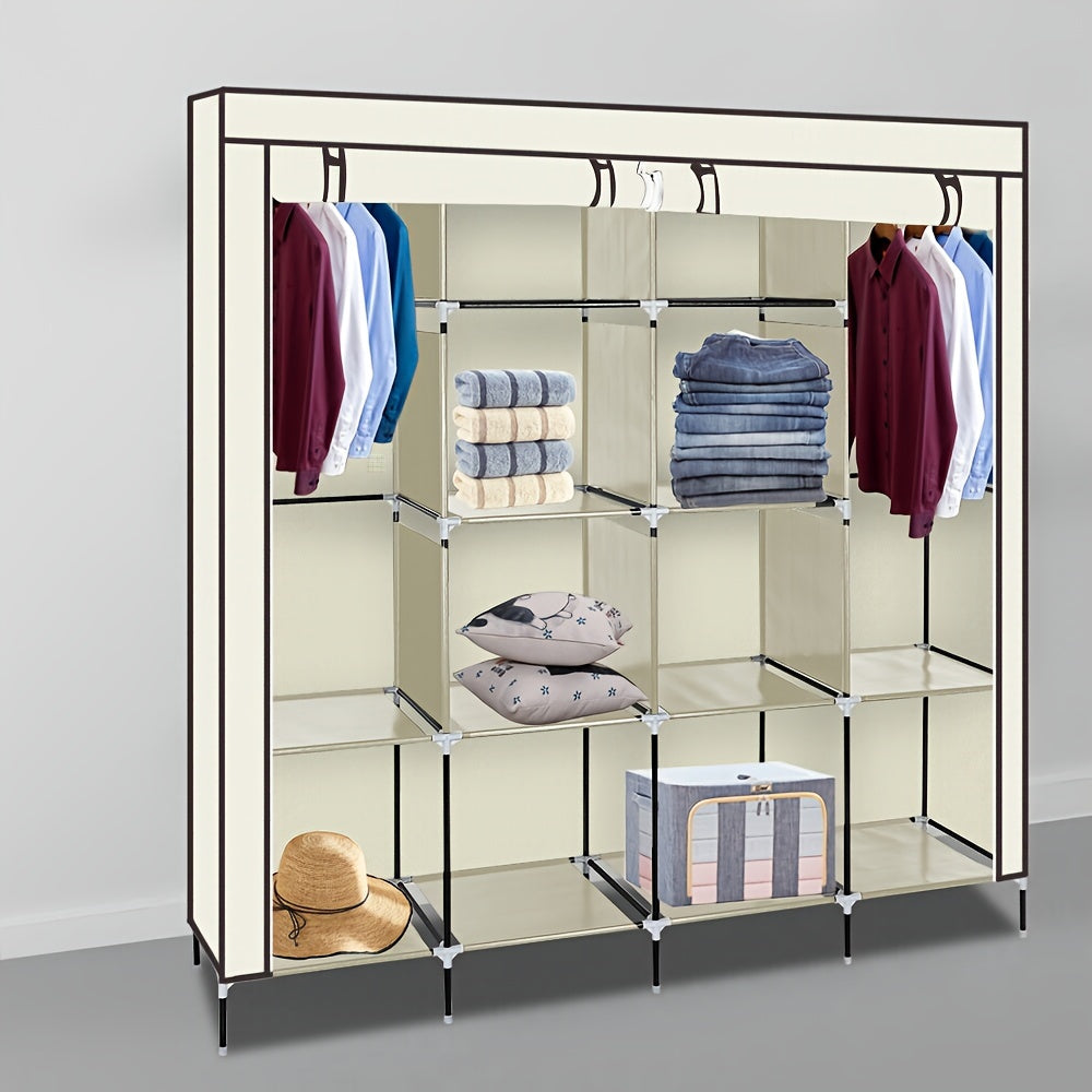 Portable Wardrobe Clothes Storage Rack 12 Grids 4 Side Pockets