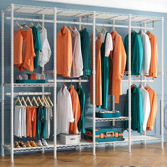 White Closet - Contemporary Metal Four-Column Freestanding Wardrobe Organizer - White, Modern, Space-Saving - For Small Closets, Dorm Rooms - Optimize Capacity, Enhance Organization - Style! Space! Solved!