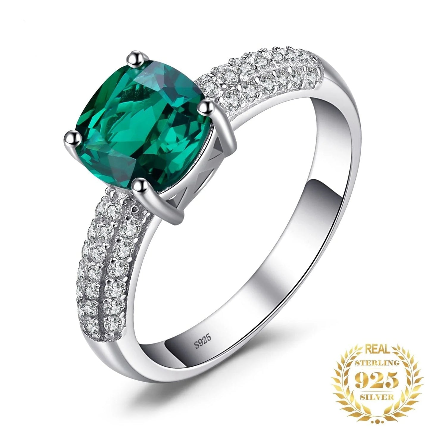 Solitaire Cushion Emerald Ring - 925 Sterling Silver