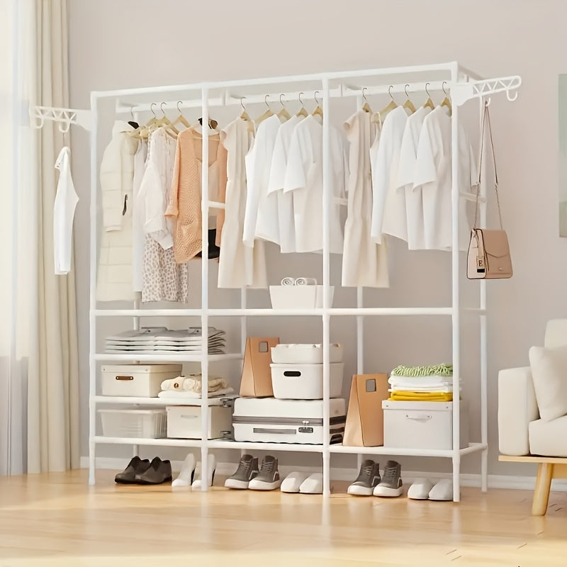 Metal Portable Closet Organizer with 8 Shelves and Hanging Rod, Durable Wardrobe Storage Rack for Clothes and Accessories, Free Standing Clothing Rack without Golden Pipes, Portable Closets