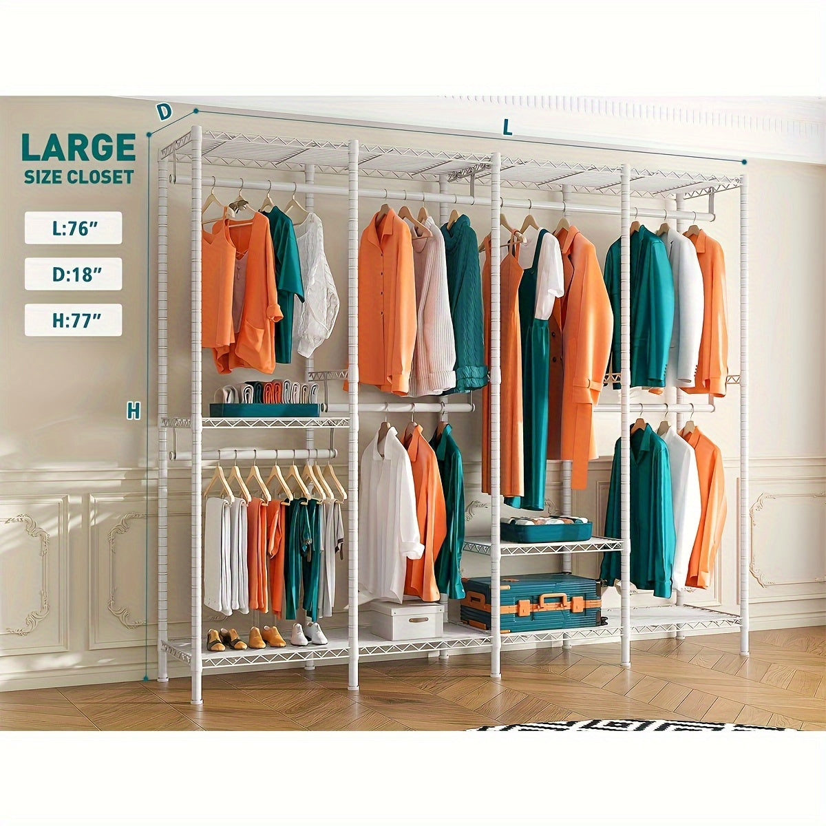 White Closet - Contemporary Metal Four-Column Freestanding Wardrobe Organizer - White, Modern, Space-Saving - For Small Closets, Dorm Rooms - Optimize Capacity, Enhance Organization - Style! Space! Solved!