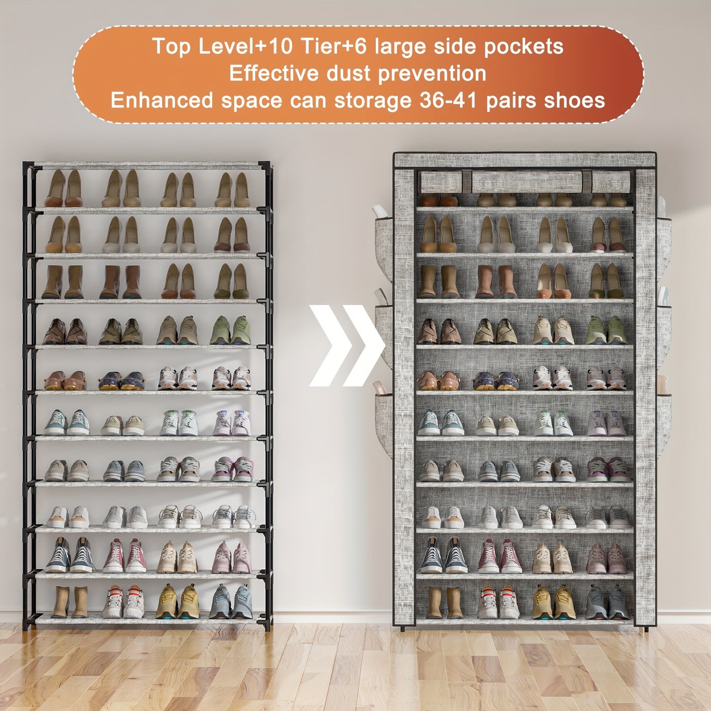 Large Printing Dustproof Shoe Cabinet Tall Shoe Storage Rack Large Capacity 10 Tier Holds 50-56 Pairs Beautiful Tall Shoe Shelf For Entryway Closet With Pockets On Both Sides