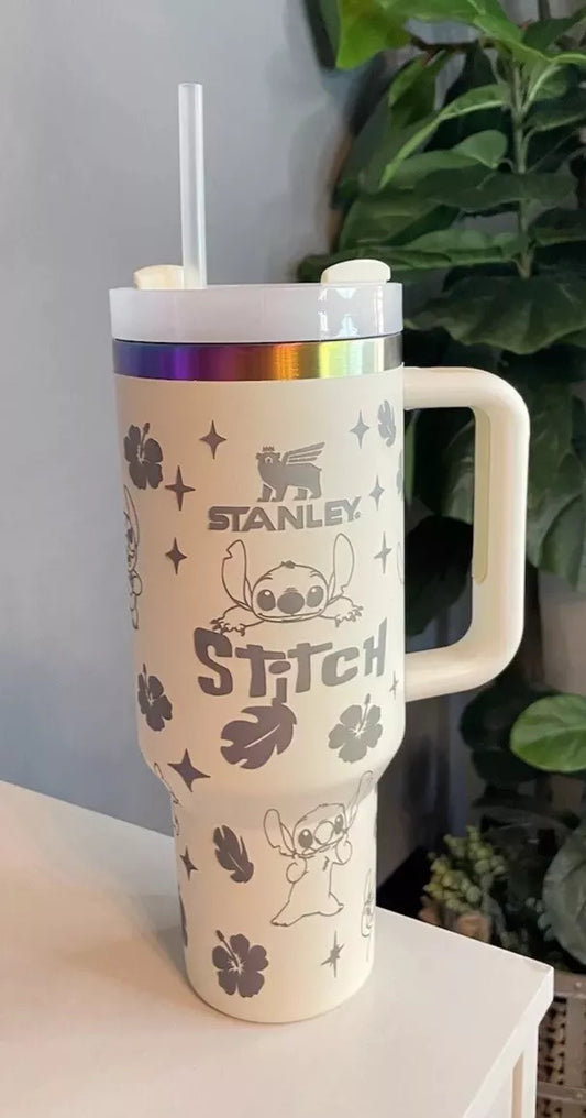 Stitch Stanley Flowstate White Tumbler Cup Laser Engraved 40oz