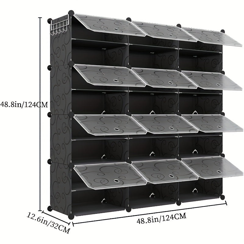 Portable Large DIY Black Shoe Rack Organizer, HOMEFISH Brand, 72 Pairs Of Capacity With Door Design, Detachable Plastic Shoe Rack, Suitable For Entrance And Bedroom Use