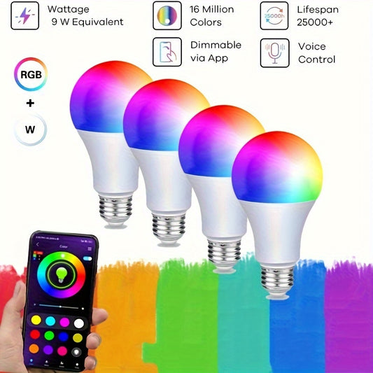 1 Pack\u002F4 Packs For Home Bedroom,wireless Smart Light Bulbs With App Control, RGBW LED Color Changing Bulbs, Dimmable Music Sync, A19 E26 9W 800LM (No Support For Alexa For Google\u002FWiFi)