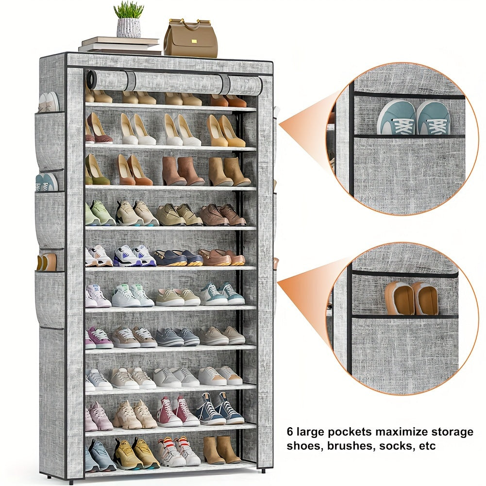 Large Printing Dustproof Shoe Cabinet Tall Shoe Storage Rack Large Capacity 10 Tier Holds 50-56 Pairs Beautiful Tall Shoe Shelf For Entryway Closet With Pockets On Both Sides