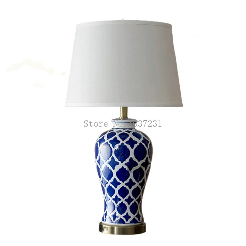 American Rural Table Lamp Hand-painted Ceramic Desk Lamp Chinese Blue Retro Bedroom Bedside Lights Creative Bed Lamp Home Deco