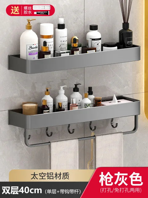 Bathroom Shelf No Hole Gunmetal Double Space Aluminium Toilet Wall Mounted Top Steel Storage High Quality Shower Shelf