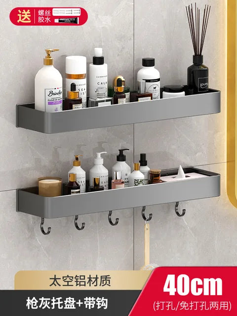 Bathroom Shelf No Hole Gunmetal Double Space Aluminium Toilet Wall Mounted Top Steel Storage High Quality Shower Shelf