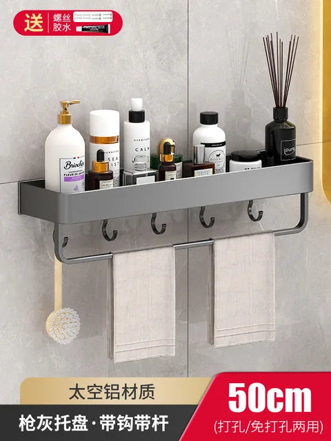 Bathroom Shelf No Hole Gunmetal Double Space Aluminium Toilet Wall Mounted Top Steel Storage High Quality Shower Shelf