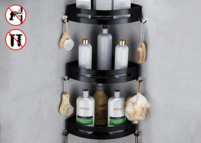 Bathroom Shelf Organizer Shower Storage Rack Black Corner Shelves Wall Mounted Aluminum Toilet Shampoo Holder No Drill