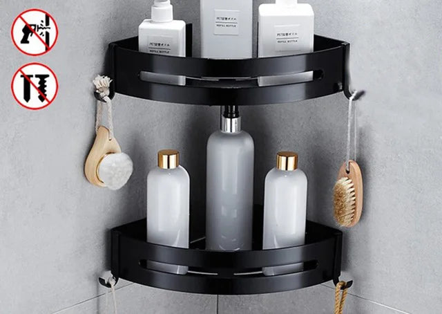 Bathroom Shelf Organizer Shower Storage Rack Black Corner Shelves Wall Mounted Aluminum Toilet Shampoo Holder No Drill