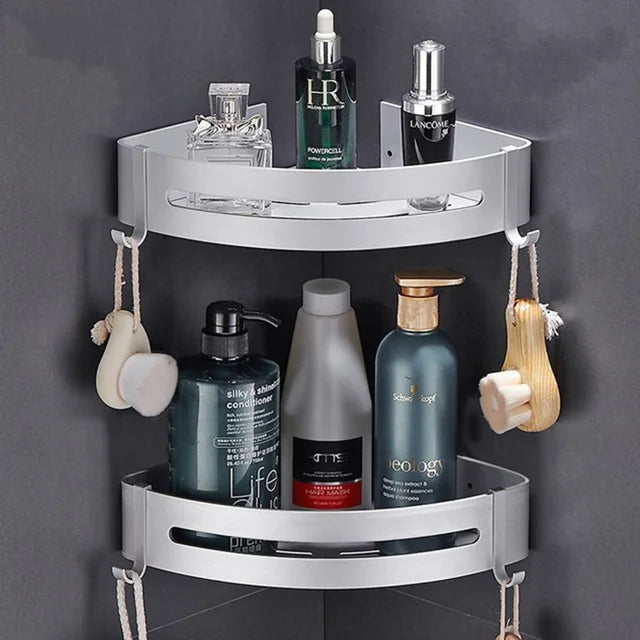 Bathroom Shelf Organizer Shower Storage Rack Black Corner Shelves Wall Mounted Aluminum Toilet Shampoo Holder No Drill