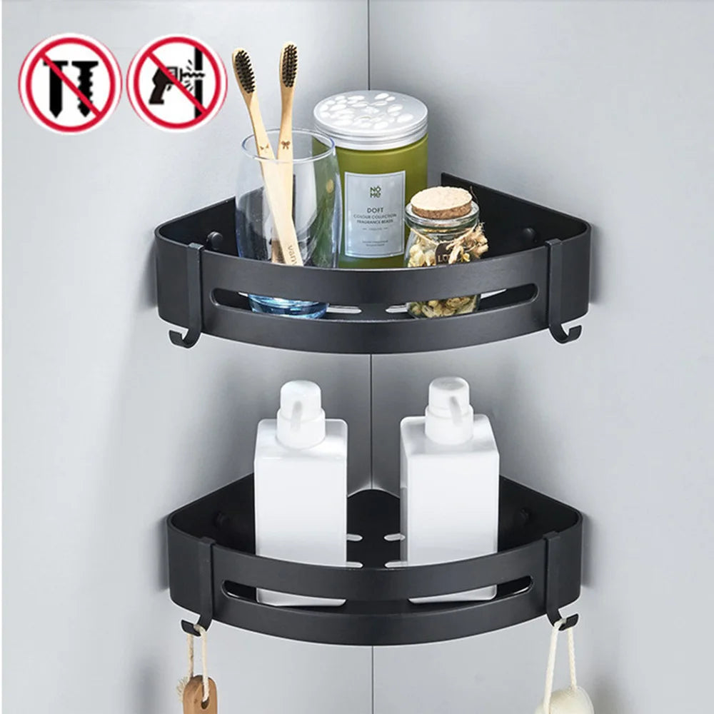 Bathroom Shelf Organizer Shower Storage Rack Black Corner Shelves Wall Mounted Aluminum Toilet Shampoo Holder No Drill