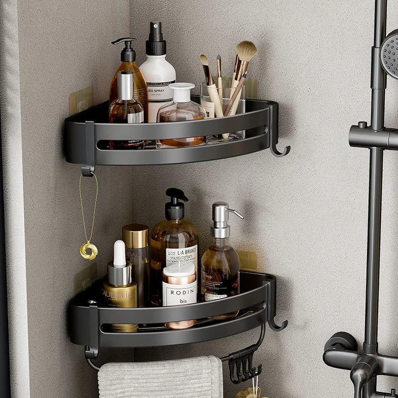 Bathroom Shelf Organizer Shower Storage Rack Black Corner Shelves Wall Mounted Aluminum Toilet Shampoo Holder No Drill