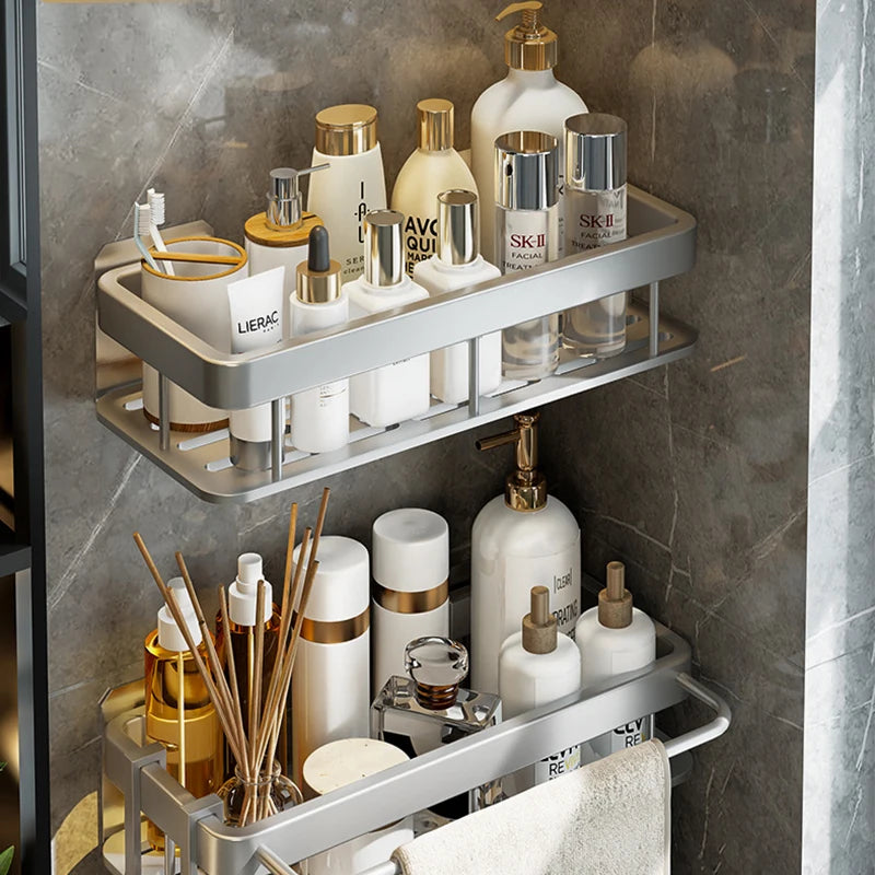 Bathroom Shelves Without Drilling RustProof Aluminum Shower Wall Shelf Shampoo Towel Holder Bathroom Organizer Accessorie