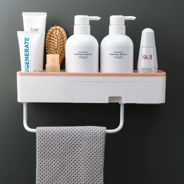 Bathroom White Shelf Toilet No-Punch Washroom Vanity Wall Mounted Towel Storage Rack Simple Style Organizer Container