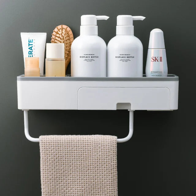 Bathroom White Shelf Toilet No-Punch Washroom Vanity Wall Mounted Towel Storage Rack Simple Style Organizer Container