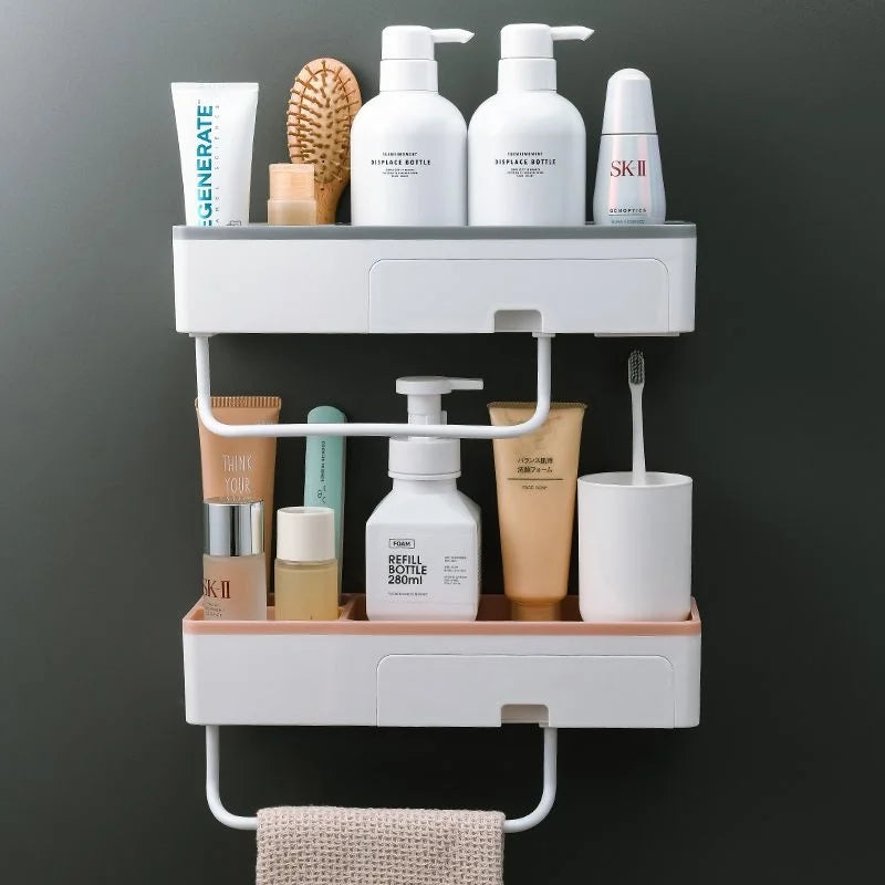 Bathroom White Shelf Toilet No-Punch Washroom Vanity Wall Mounted Towel Storage Rack Simple Style Organizer Container