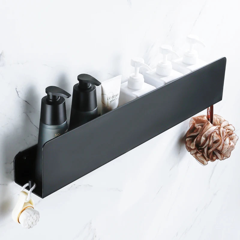 Black Bathroom Organizer Shelf With Hooks Aluminum Kitchen Decoration Shelves On Wall Shower Storage Rack Wall Mount