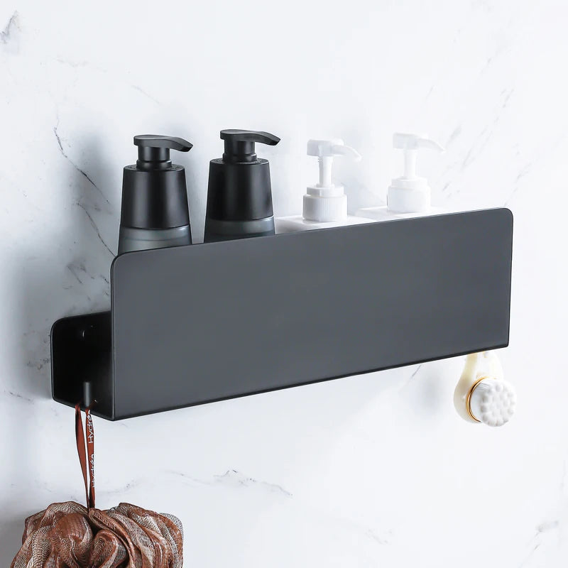 Black Bathroom Organizer Shelf With Hooks Aluminum Kitchen Decoration Shelves On Wall Shower Storage Rack Wall Mount