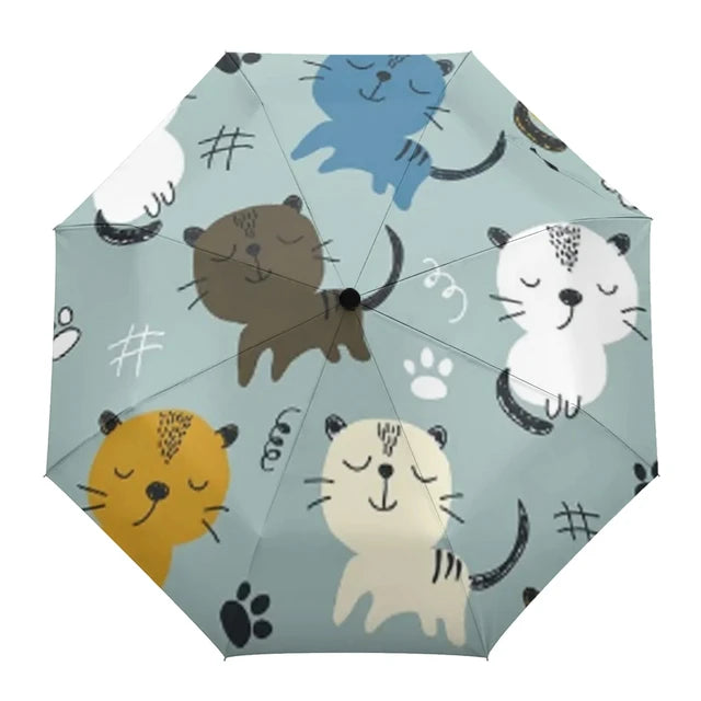 Cartoon Cat Folding Travel Umbrella Lovely Pet Kitten Animal Umbrellas Windproof Lightweight Compact Parasol Umbrella Sun & Rain