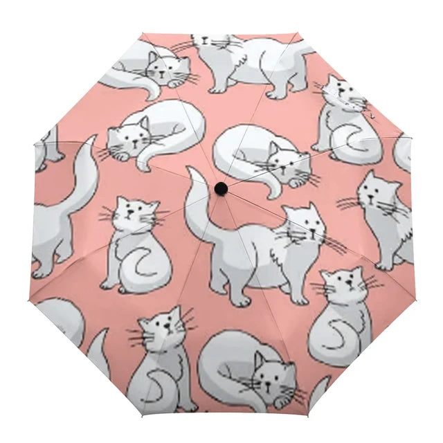 Cartoon Cat Folding Travel Umbrella Lovely Pet Kitten Animal Umbrellas Windproof Lightweight Compact Parasol Umbrella Sun & Rain